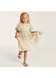 Juniors Floral Print Dress with Round Neck and Flutter Sleeves