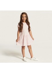 Juniors Polka Print Dress with Round Neck and Short Sleeves