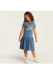 Juniors Slogan Print Drop Waist Dress with Short Sleeves