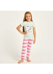 Juniors Printed Crew Neck T-shirt and Full Length Striped Pyjama Set