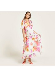 Love Mum Floral Print Maternity Maxi Dress with Short Sleeves