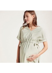 Love Mum Solid Twill Dress with Short Sleeves and Side Tie-Up