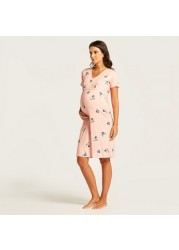 Love Mum Minnie Mouse Print V-neck Maternity Dress with Short Sleeves