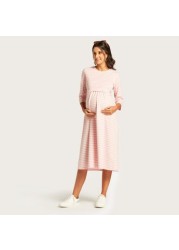 Love Mum Striped Round Neck Maternity Dress with Long Sleeves