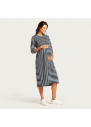 Love Mum Striped Maternity Dress with Round Neck