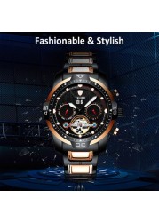 TEVISE-TEVISE T816A Automatic Mechanical Movement Men Watch Self-Winding Manual Winding Wind-Up Skeleton Wrist Watch 3ATM Waterproof Luminous Luxury Business Week Month Calendar Tourbillon Wristwatch for