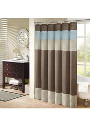 Madison Park Amherst Bathroom Shower Faux Silk Pieced Striped Modern Microfiber Bath Curtains, 72X72 Inches, Blue