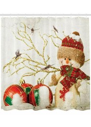 Ambesonne Christmas Shower Curtain, Cloth Fabric Bathroom Decor Set With Hooks, Snowman With Hat, 70&quot; Long