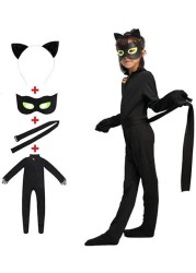 Kid&rsquo;s Beetle Costume Ladybug Black Cat Noir Boy or Girl Cosplay Outfit Clothing with Wig Jumpsuit Halloween Party Masquerade with 3pcs/Set Jewellery (XS 3-4Y, Black Cat Noir)