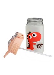 Dinasaur Water Glass Bottle with Straw Pink 350ml