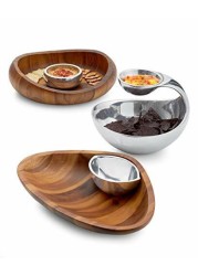 Namb&egrave; Nambe Butterfly Curved Acacia Wood Chip And Dip Bowl 16&quot; With Inner Nambe Alloy Metal Dip Bowl 5.5&quot;