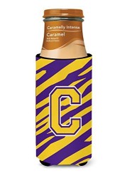 Caroline&#39;s Treasures Monogram - Tiger Stripe - Purple Gold Letter C Ultra Beverage Insulators For Slim Cans