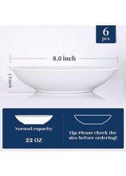 Y YHY 22 Ounces Porcelain Salad Pasta Bowls, Soup Bowl Set, Shallow and White, Set of 6