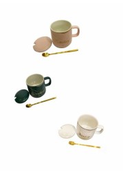 East Lady Pack Of 3 Coffee Mug With Lid And Spoon Green/White/Beige 9x10cm