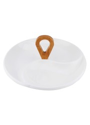 Shallow 29cm Porcelain Round 3-Compartment Serving Plate With Bamboo Handle Jmd305