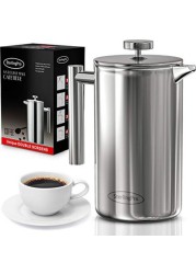 SterlingPro French Press Coffee Maker (1L)-Double Walled Large Coffee Press with 2 Free Filters-Enjoy Granule-Free Coffee Guaranteed, Stylish Rust Free Kitchen Accessory-Stainless Steel French Press