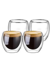 ALISSA 80 ml 4Pcs Double Walled Glass Cups for Espresso Coffee Turkish Tea Cappuccino Latte Demitasse for Home Cafes Hotels Office Kiosks