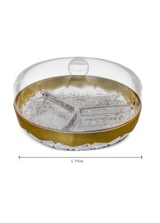 Al Hoora 19cm 3Section Clear-Gold Serving Dish W/ Specific Tray Design Use For Snack, Nuts, Small Sweets, Chocolates W/ Cover, Beautiful Knob &amp; Color Box