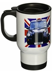 3dRose London Black Taxi Cab, British Union Jack Flag Background, Stainless Steel Travel Mug, 14-Oz