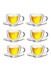 LIHAN Double Wall Glass Teapot Set Combined With  Teapot 1 x 600ml ,1 Candle Warmer ,  Clear Classic designedTeacups and Sauce [6 x 120ml], Heat-resistant Stovetop Dishwasher Safe Teapot with Removabl