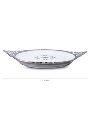 Al Hoora 42*33.5*H3Cm Round White Serving Ceramic Tray W/ Silver Handle Spot Border,Use For Cake, Dessert, Sweets, Sandwich, Snack W/ Beautiful Silver Pattern