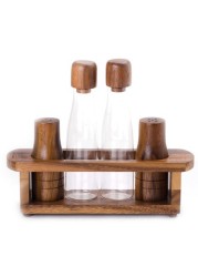 BILLI WOODEN OIL, VINEGAR, SALT &amp; PEPPER CANISTER SET, BROWN, ACA-622