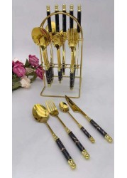 LIHAN Black marble Gold Cutlery Set  24-Piece Stainless Steel Gold Flatware Set with gold stand, Kitchen Utensils Knife Fork Spoon Flatware Set, Spoon, Knife, Fork, Mirror polish, Smooth Edge, Service