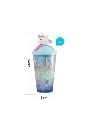 ALISSA-450ml Creative Unicorn Cartoon Straw Mug With Lid Thermal Insulation Double Wall Plastic Cup, Turquoise.