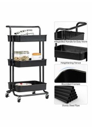 3-Tier Utility Cart Rolling Storage Shelf With Handles 2 Lockable Wheels Black 86x42x30centimeter