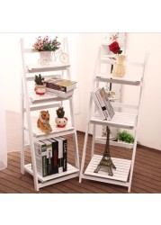 LINGWEI Ladder Design Foldable Wooden Flower Rack Book Shelves Storage Stand Flower Pot Holder For Bedroom Office Restaurants Home Decor 4 floor White