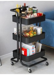 3-Tier Rolling Shelves Metal Cart Organizer Black 85x45x35centimeter