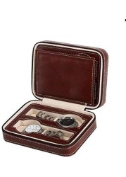 Generic Luxury Leather Portable Watch Travel Case Brown Zipper Book 4 Slots Box