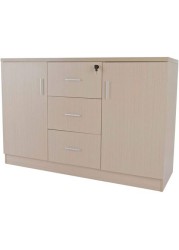 Mahmayi Melamine On Mdf Carre 1147 Credenza - Contemporary and Tough Wooden Storage Cabinet With Three Drawer Storage - W120Cms X D40Cms X H80Cms (Beige) ME1147Oak