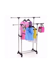 Generic Double Pole Extendable Clothes Rack Hanger Silver