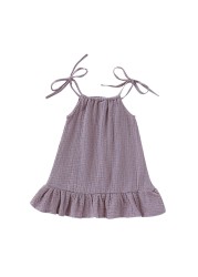 Baby Girls Summer Sleeveless Ruffles Dress Cotton Linen Fabric Kids Sheer Clothes