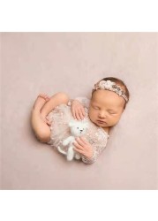 Newborn Baby Photography Clothes Fairy Lace Dress Pearl Beading Romper Skirt Headband 3pcs Sets Infant Girl Princess Outfis