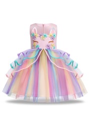 Summer Dress Girl Unicorn Cosplay Costume Children's Day Mesh Rainbow Tulle Princess Dress for Birthday Gift Kids Fashion Dress