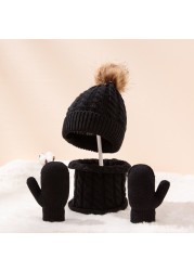 New Winter Hat Scarf Gloves Set For Kids 0-3 Years Boys Girls Children Cotton Warm Pom Poms Hat Sets Solid Color Cute Hat Scarf