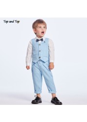 Best and top spring and autumn baby boy gentleman suit white shirt with bow tie striped jacket trousers 3pcs formal kids clothes set