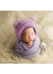 3pcs/set Newborn Infant Photography Wraps Knitted Baby Boys Girls Photo Props Faux Fur Hat Sturdy Stretch Blanket Bear Doll