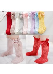 Newborn Baby Girls Solid Bow-knot Socks Breathable Mesh Cotton Knee High Leg Warmer Summer Infant Baby Soft Socks Clothes