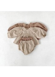 Baby girls clothes set summer spring plaid infant girls clothes set puff sleeve blouse and bloomer 2pcs baby girls suit