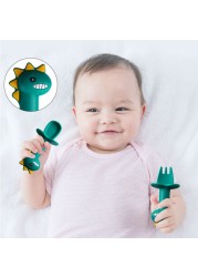 Baby Learn Spoon Fork Set Short Handle Easy Spoon Soft Silicone Utensil Toy Teether Feeding Tableware Dinosaur Spoon Tableware