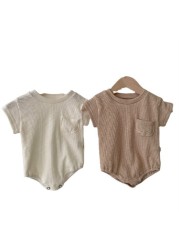 2022 Summer New Toddler Baby Boy Girl Cotton Solid Short Sleeve Bodysuit Toddler Kid Soft Pocket Decorationbodysuits 6M-3T