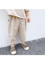 Children's Striped Cotton Pocket Pants Pure Color Casual Sarl Pants Spring-Autumn 2020