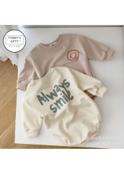 2021 New Baby Cotton Bib Simple Smiley Print Boys Clothes Infant Girl Long Sleeve Loose Jumpsuit Newborn Autumn Clothes