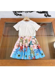 Designer Kids Girls Short Sleeve T-shirt + Starfish Print Pleated Skirt 2 Pieces Set Fluffy Kids Summer Clothes