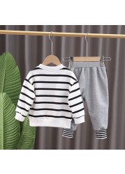 0-5 Years New Spring Children Girls Boys Cartoon Striped T-shirt Sports Pants 2pcs/set Kids Strips Toddler Clothes Cotton Suit