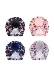 Cute Faux Fur Ball Baby Kids Turban Hat Floral Print Infant Headdress