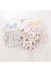 Baby Girls Spring Autumn Flower Printed Dresses Turn-down Collar Dress for Kids Children